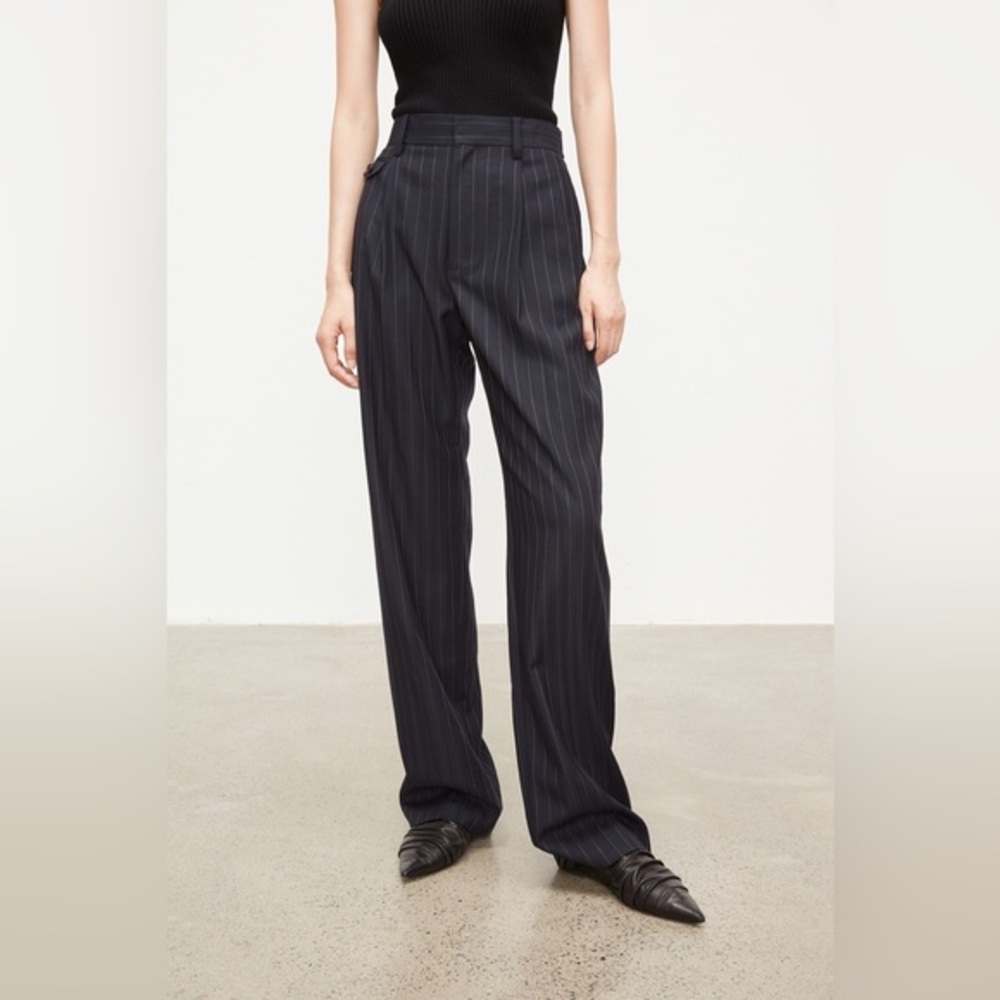 CHICJOC Premium Navy Pinstripe Wool Trousers in size 40 navy